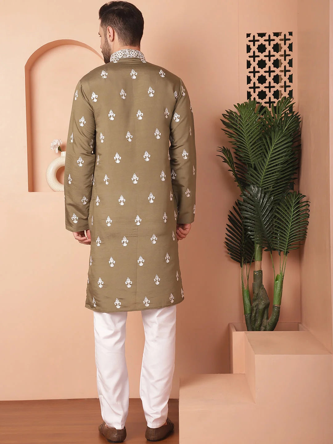 Olive Chikankari Mens Kurta Pajama Set | Cotton Blend