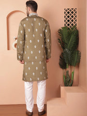 Men's Olive Chikankari Embroidered Kurta Fit With Pyjama-JOKP-P