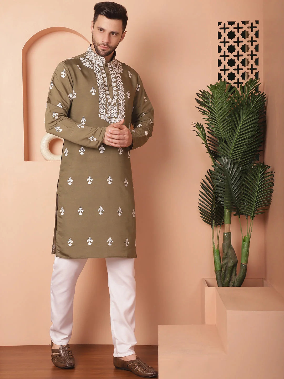 Olive Chikankari Mens Kurta Pajama Set | Cotton Blend