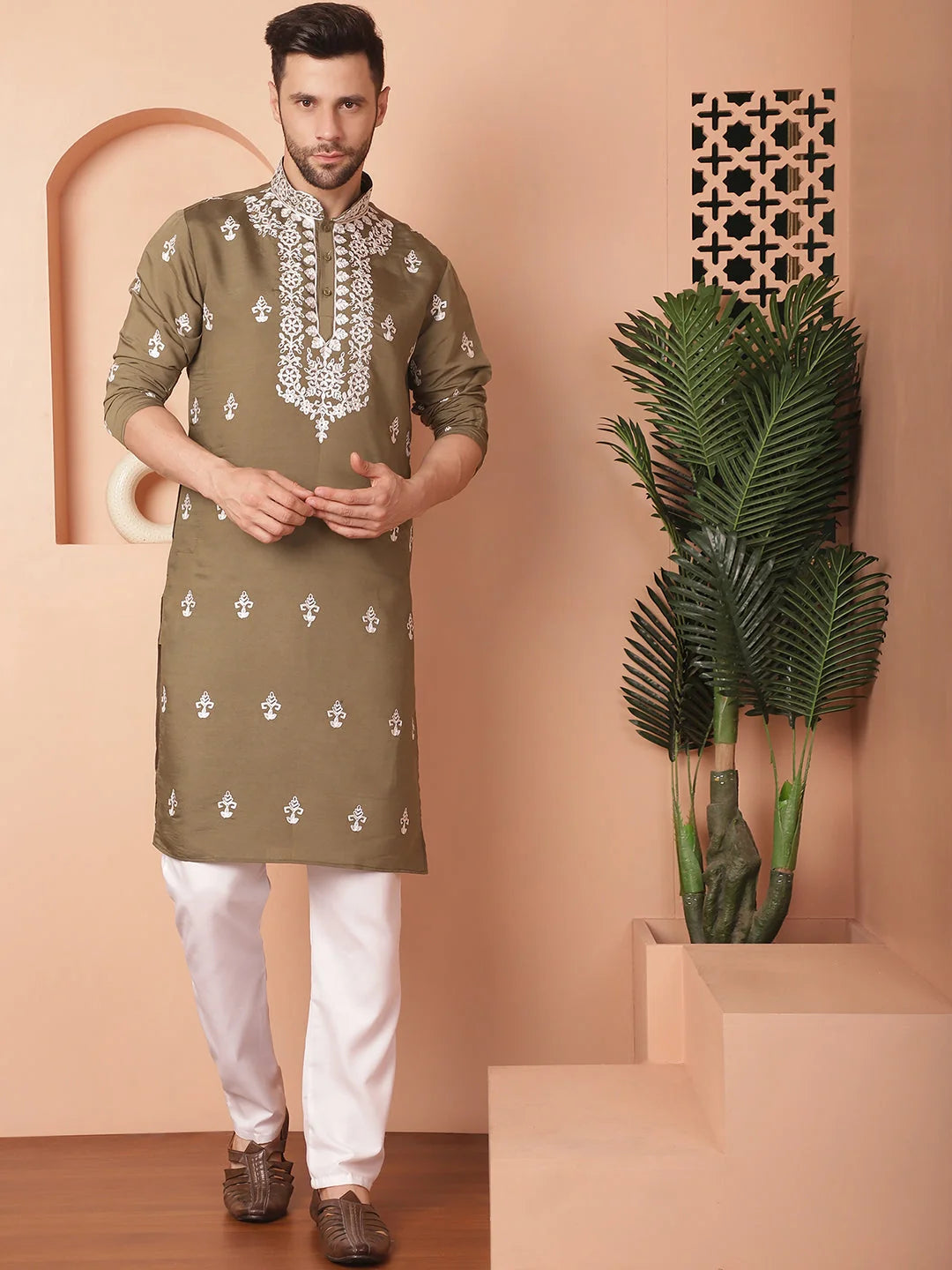 Olive Chikankari Mens Kurta Pajama Set | Cotton Blend