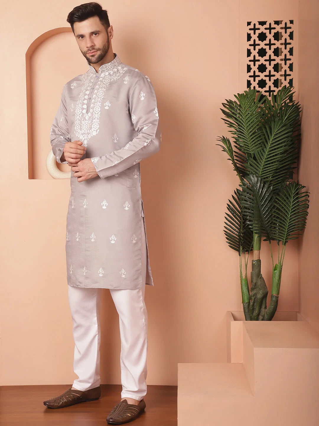 Grey Embroidered Mens Kurta Pajama Set | Cotton Silk Blend