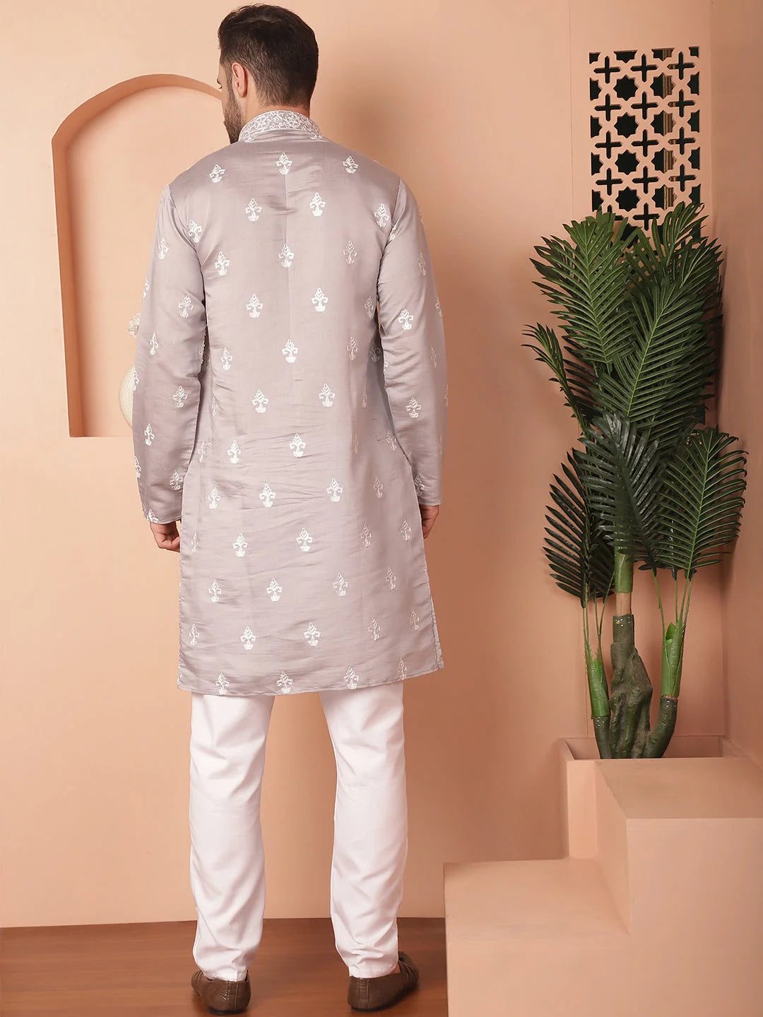 Grey Embroidered Mens Kurta Pajama Set | Cotton Silk Blend