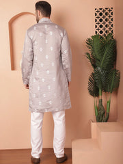 Men's Grey Chikankari Embroidered Kurta With Pyjama-JOKP-P