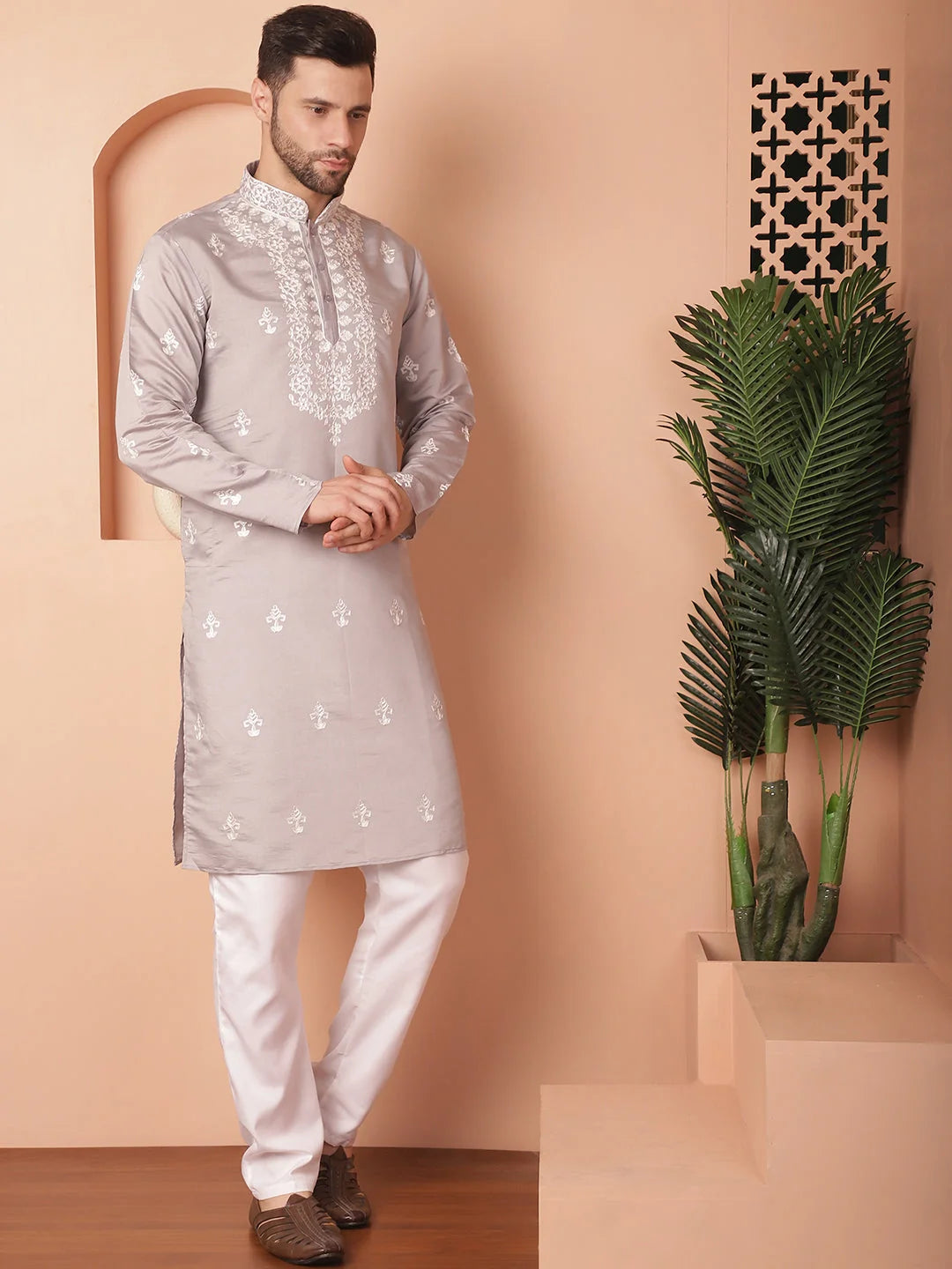 Grey Embroidered Mens Kurta Pajama Set | Cotton Silk Blend