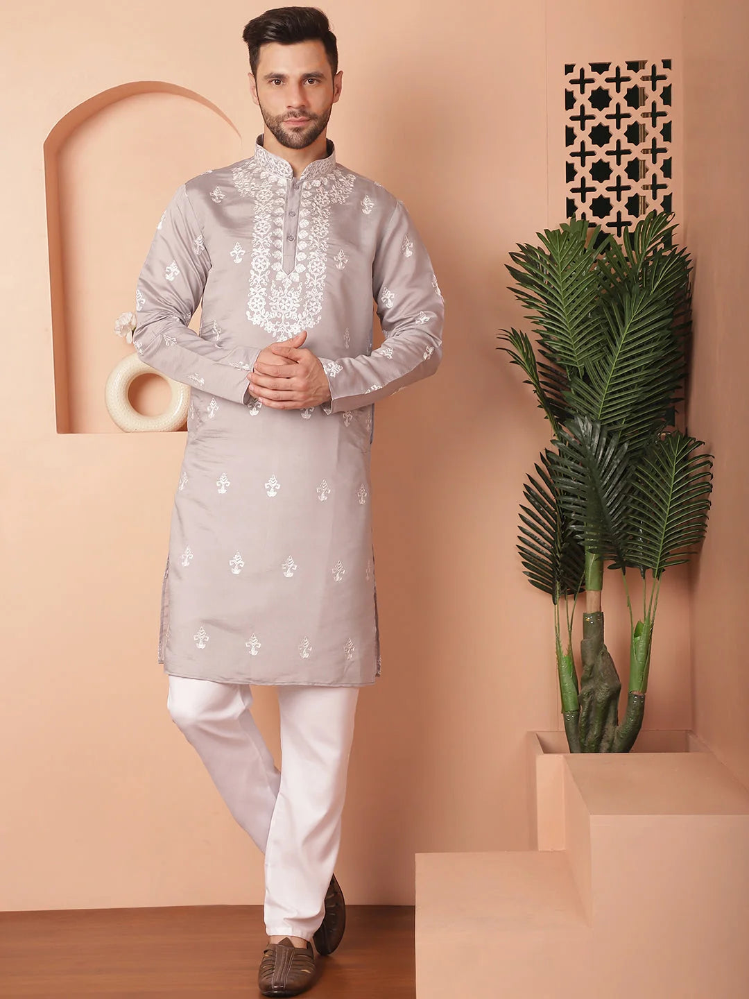 Grey Embroidered Mens Kurta Pajama Set | Cotton Silk Blend