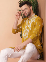 Men's Mustard Chikankari Embroidered Kurta With Pyjama-JOKP-P