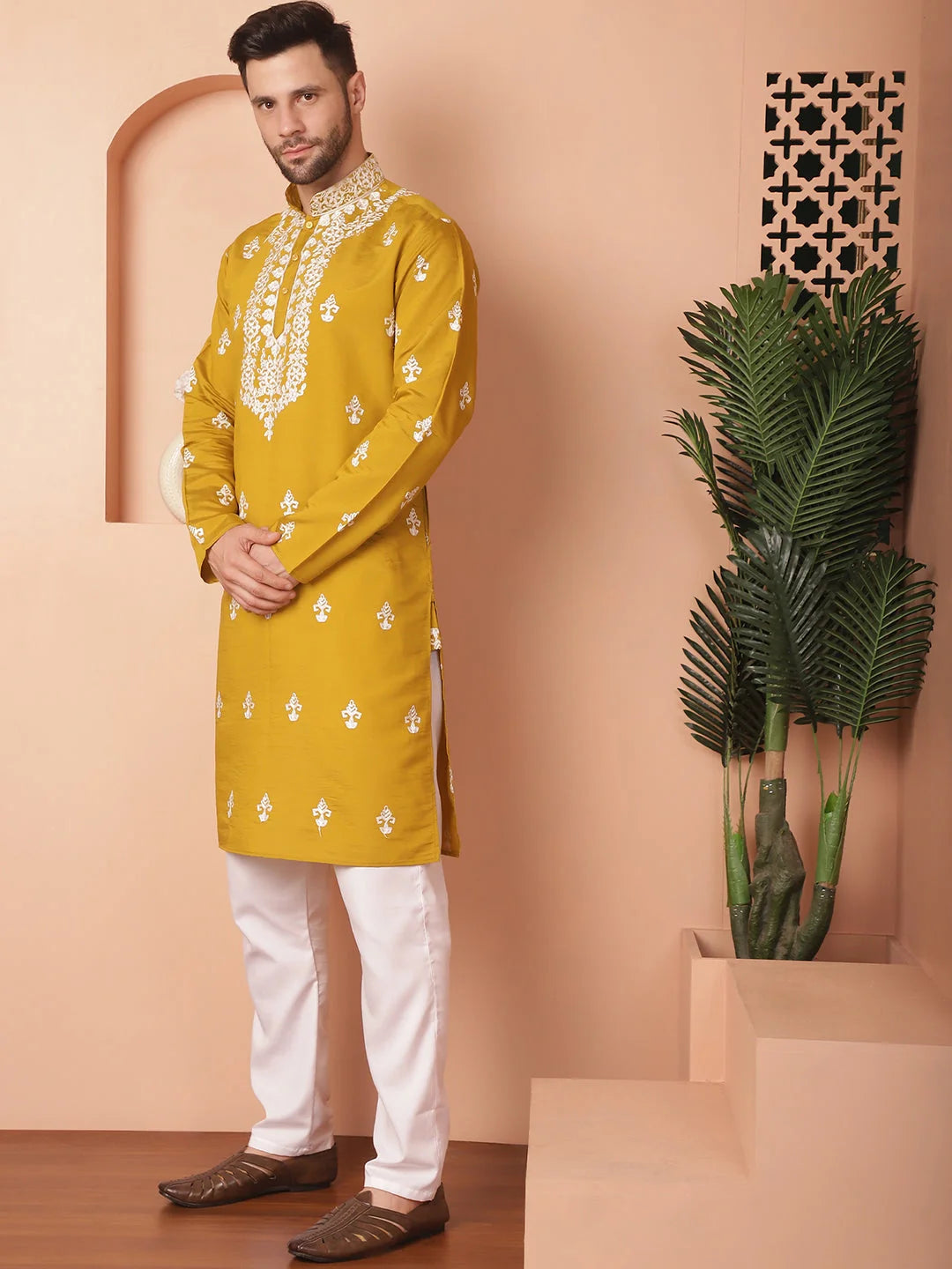 Mustard Chikankari Mens Kurta Pajama Set | Cotton Silk