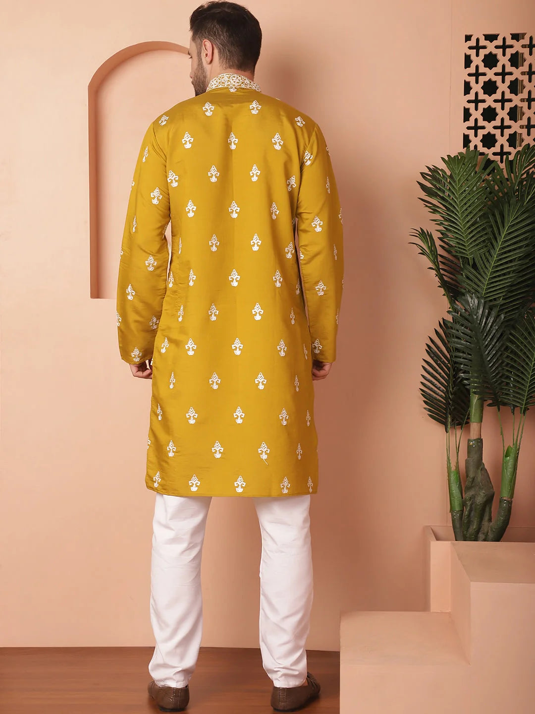 Mustard Chikankari Mens Kurta Pajama Set | Cotton Silk