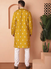 Men's Mustard Chikankari Embroidered Kurta With Pyjama-JOKP-P
