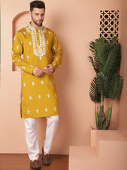 Men's Mustard Chikankari Embroidered Kurta With Pyjama-JOKP-P