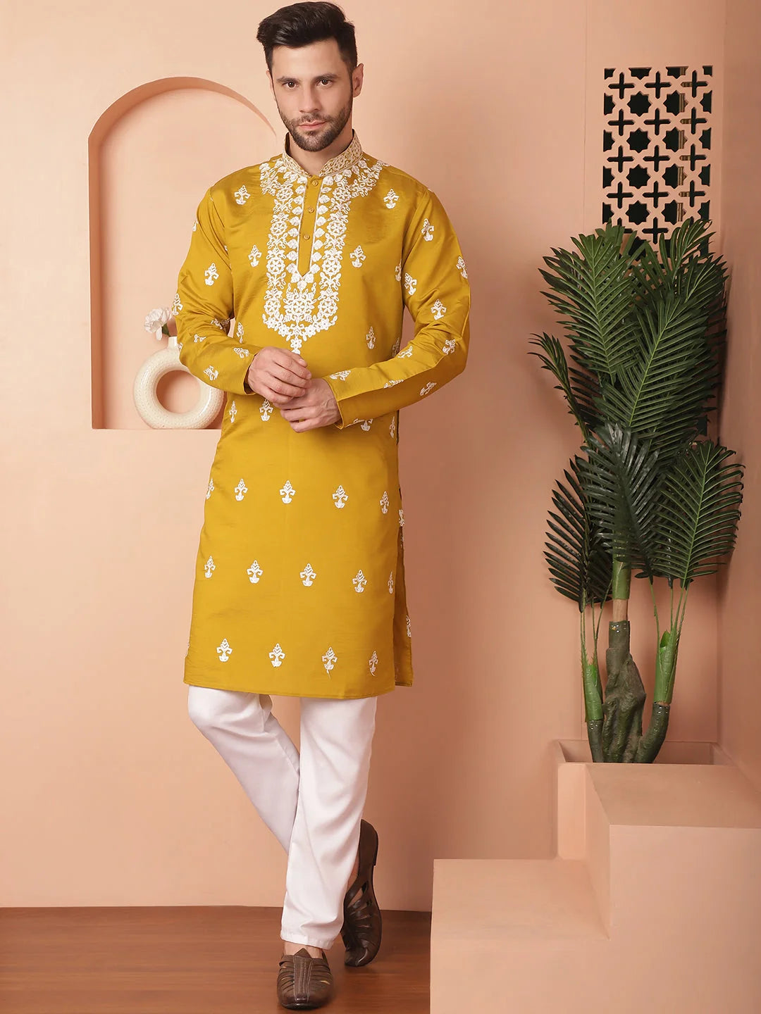 Mustard Chikankari Mens Kurta Pajama Set | Cotton Silk
