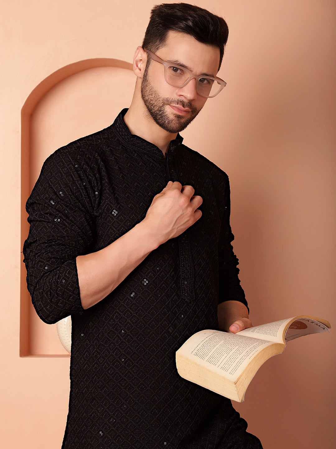 Men's Black Embroidered and Sequence Kurta with Pyjama-JOKP-P