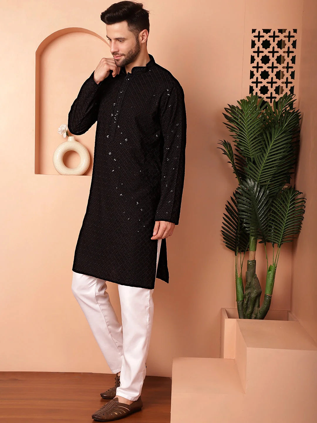 Black Embroidered Mens Kurta Pajama Set | Formal Ethnic Wear