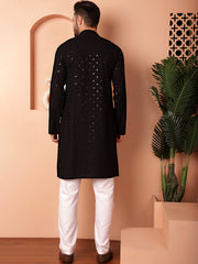 Men's Black Embroidered and Sequence Kurta with Pyjama-JOKP-P