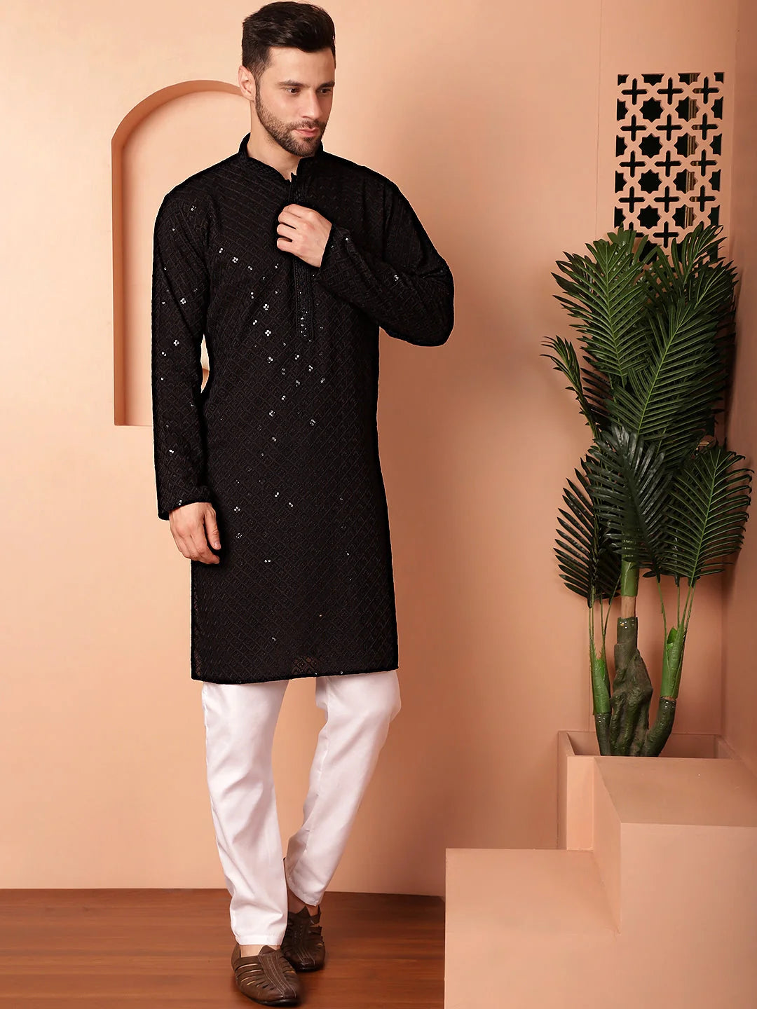 Black Embroidered Mens Kurta Pajama Set | Formal Ethnic Wear