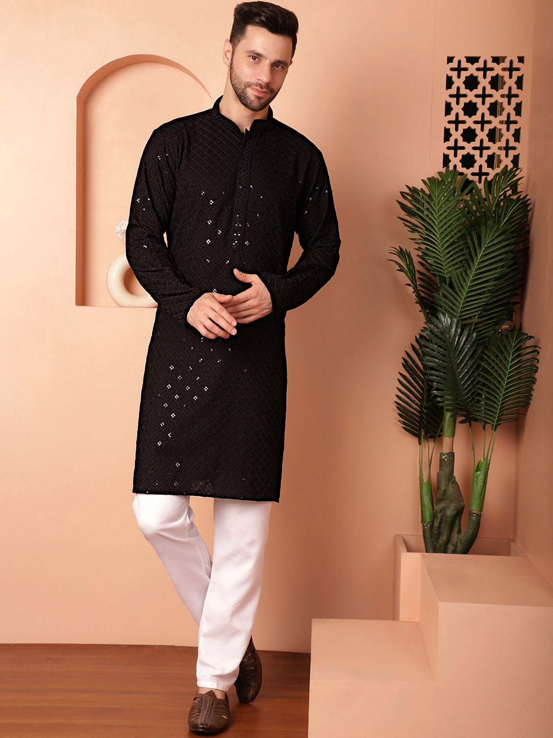 Black Embroidered Mens Kurta Pajama Set | Formal Ethnic Wear