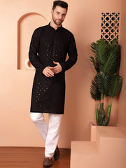 Men's Black Embroidered and Sequence Kurta with Pyjama-JOKP-P