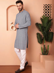 Men's Grey Embroidered and Sequence Kurta with Pyjama-JOKP-P