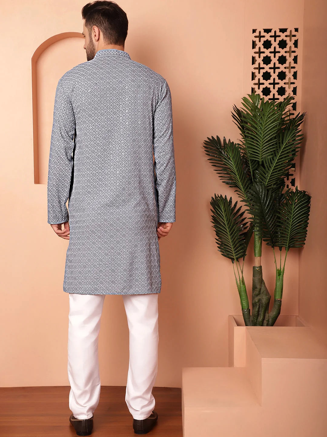 Grey Embroidered Mens Kurta Pajama Set | Classic Style