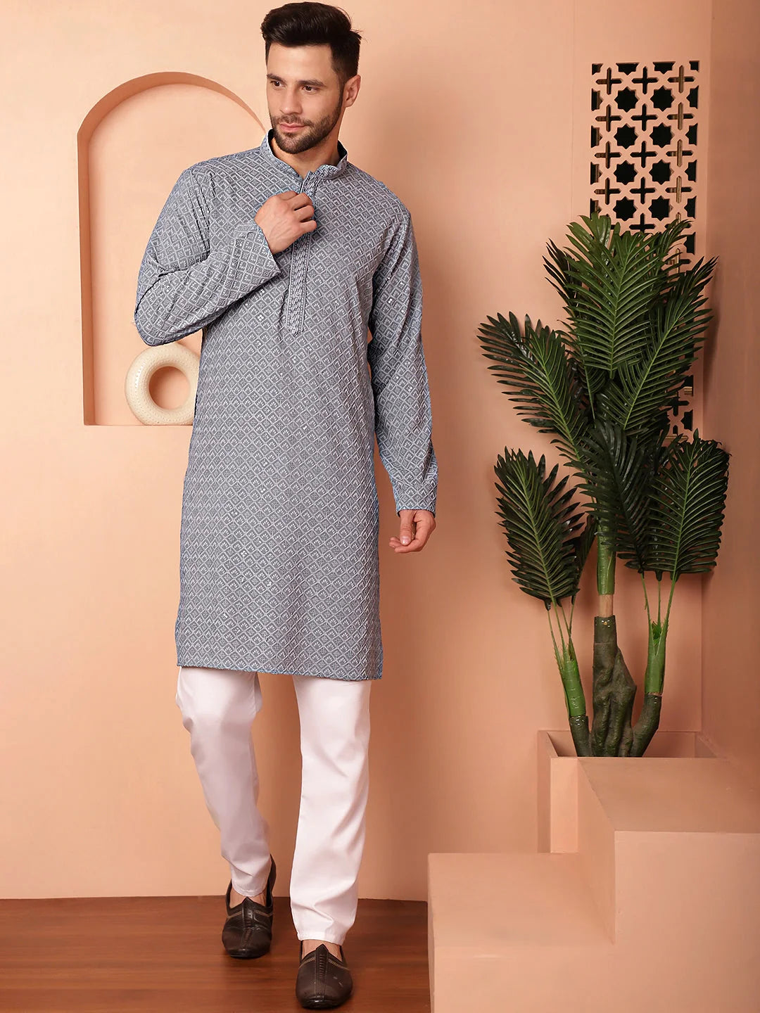 Grey Embroidered Mens Kurta Pajama Set | Classic Style
