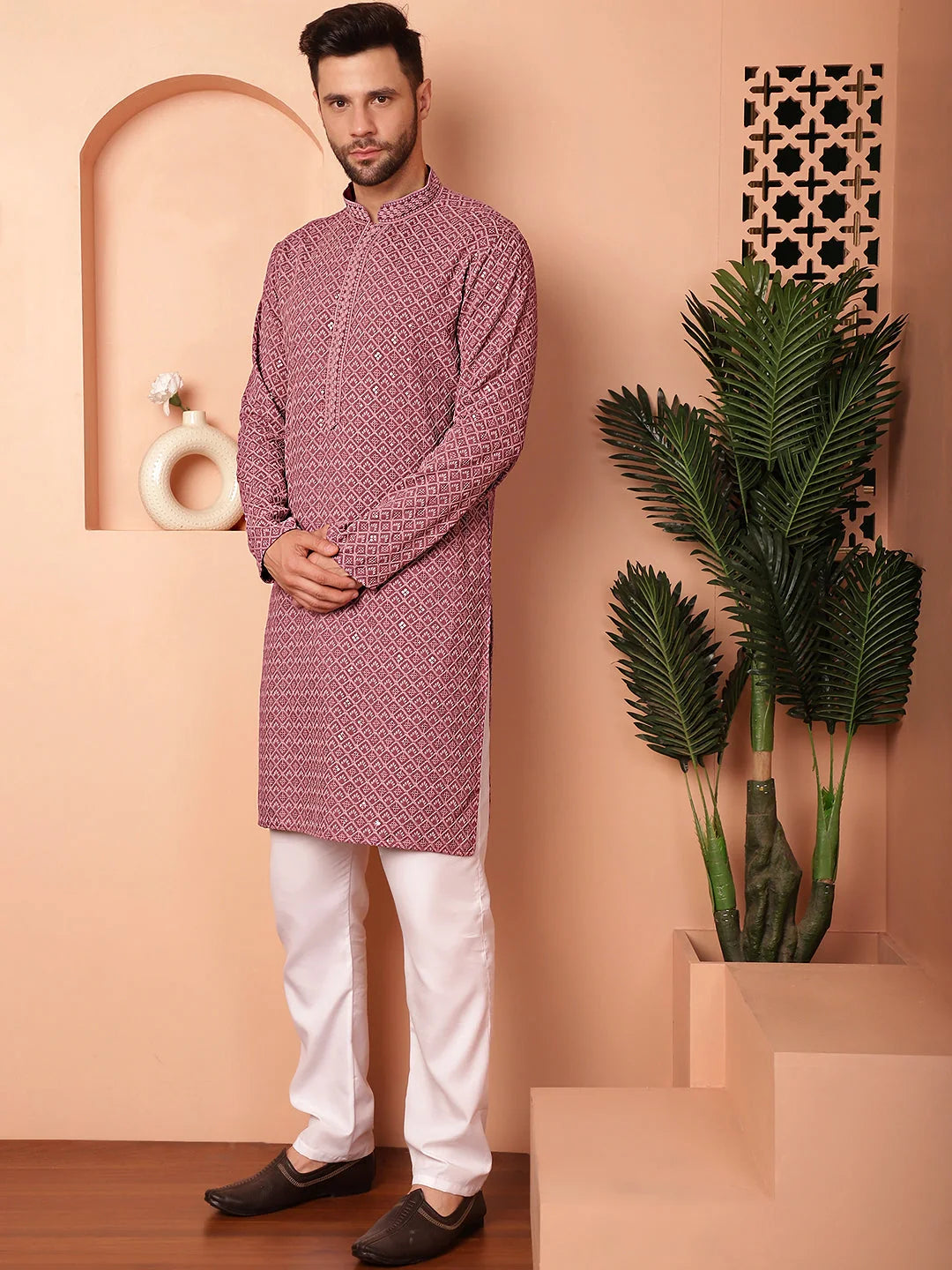 Magenta Embroidered Mens Kurta Pajama Set | Stylish & Modern