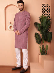 Men's Magenta Fit Embroidered and Sequence Kurta with Pyjama-JOKP-P