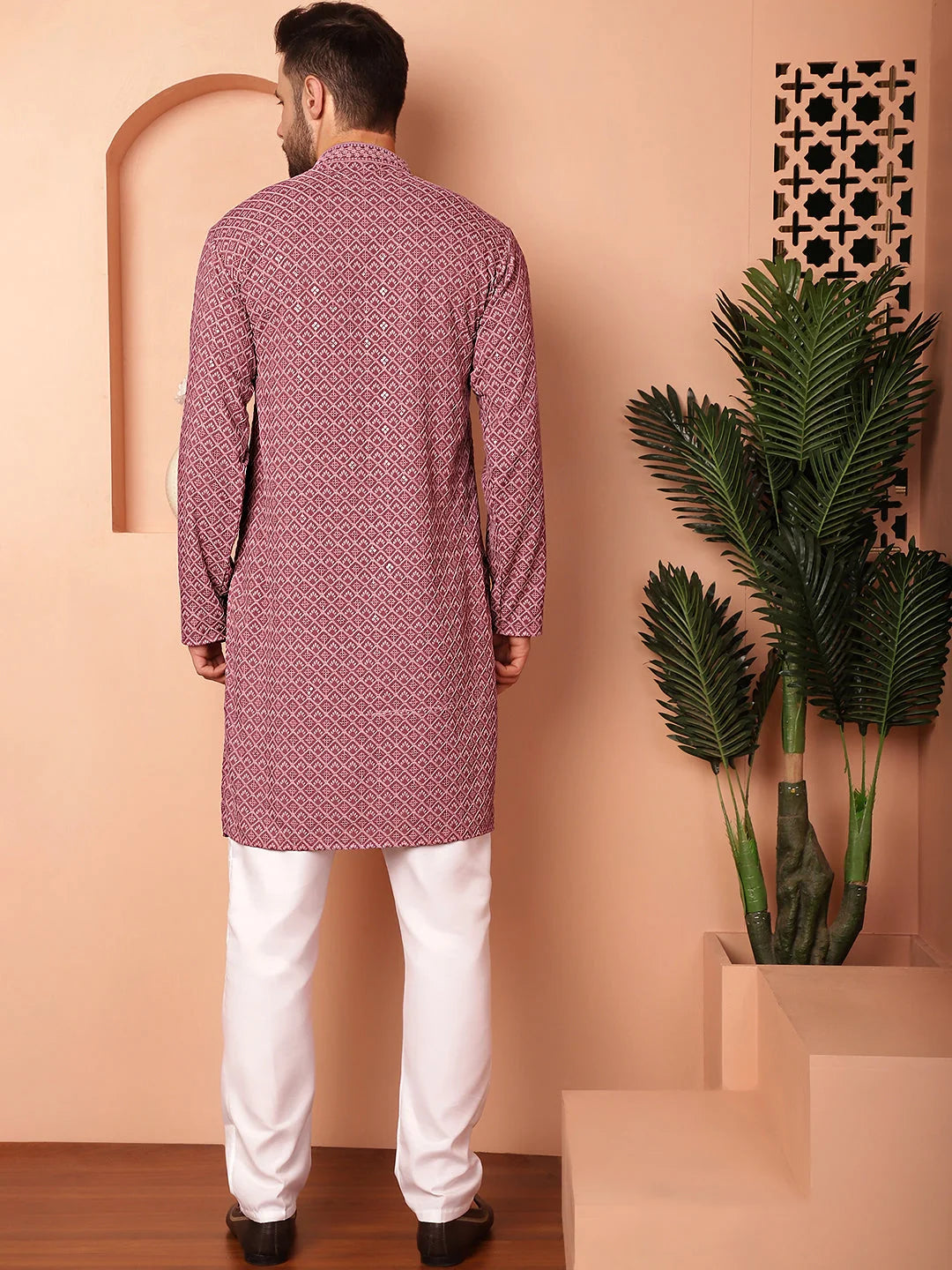 Magenta Embroidered Mens Kurta Pajama Set | Stylish & Modern