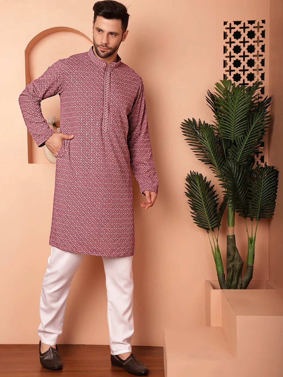 Magenta Embroidered Mens Kurta Pajama Set | Stylish & Modern