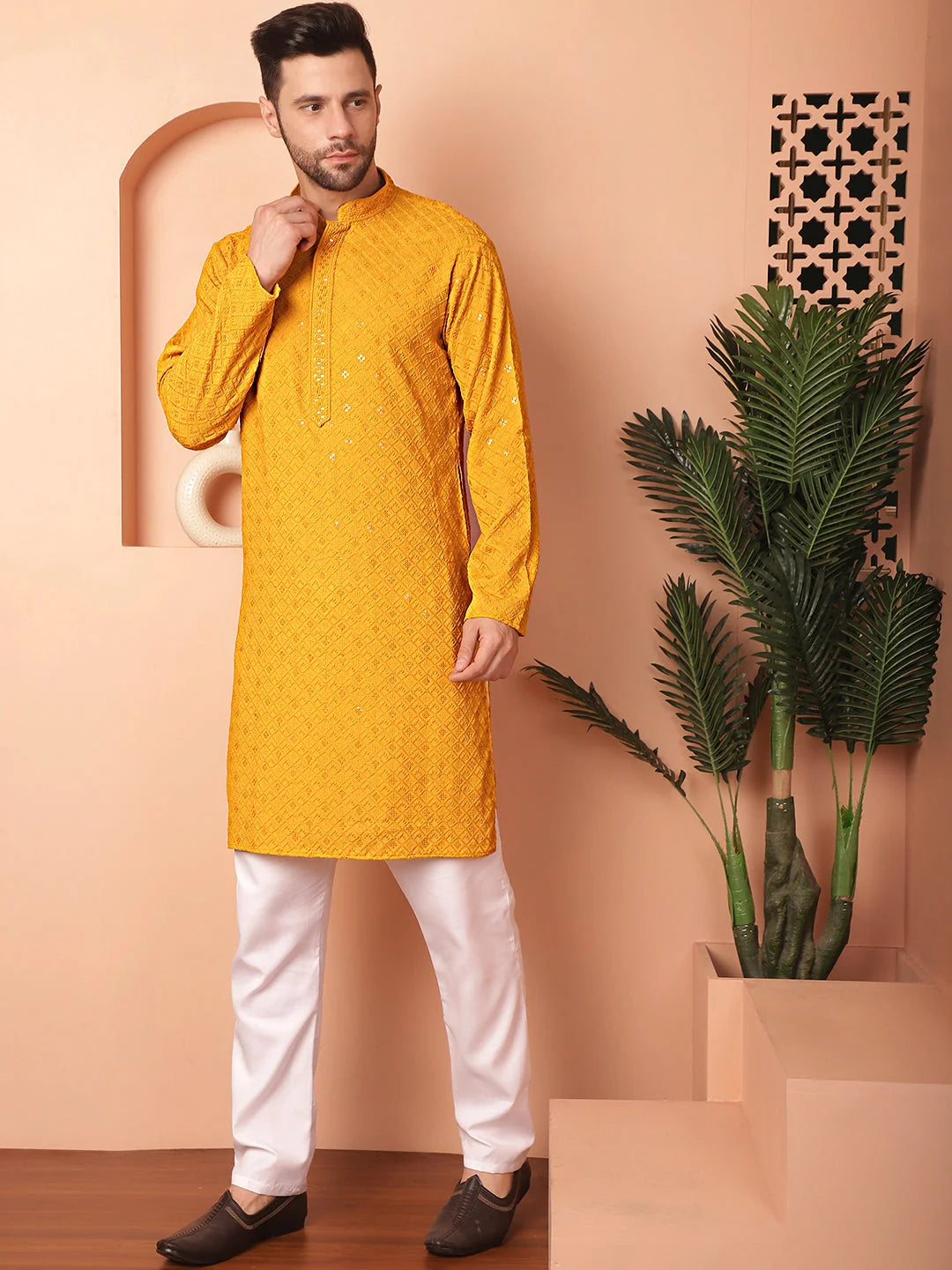 Mustard Embroidered Mens Kurta Pajama Set | Ethnic Style