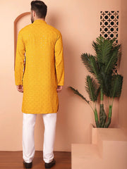 Men's Mustard Embroidered and Sequence Kurta with Pyjama-JOKP-P