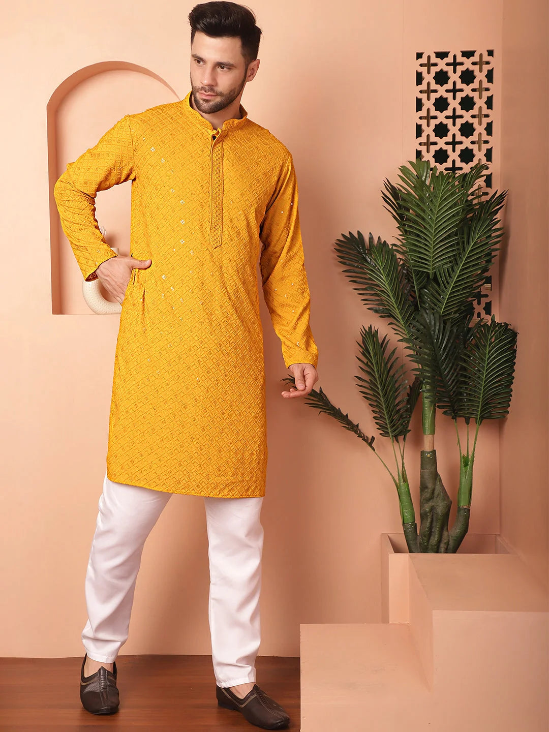 Mustard Embroidered Mens Kurta Pajama Set | Ethnic Style