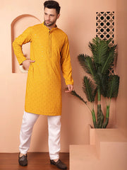Men's Mustard Embroidered and Sequence Kurta with Pyjama-JOKP-P