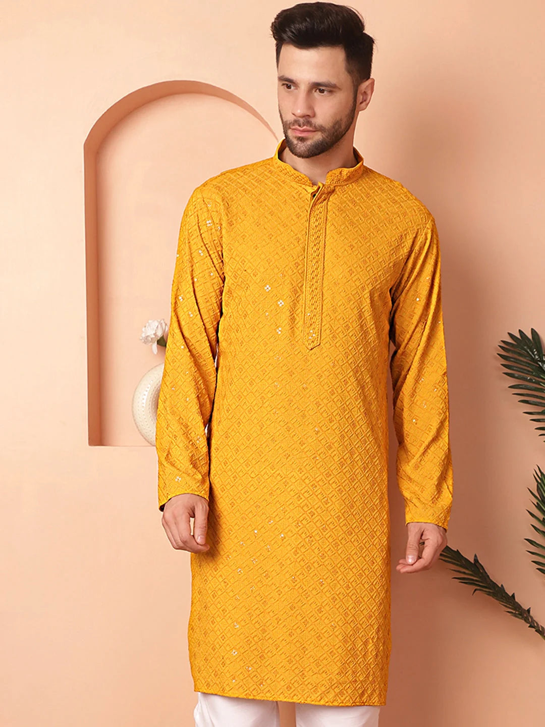 Mustard Embroidered Mens Kurta Pajama Set | Ethnic Style