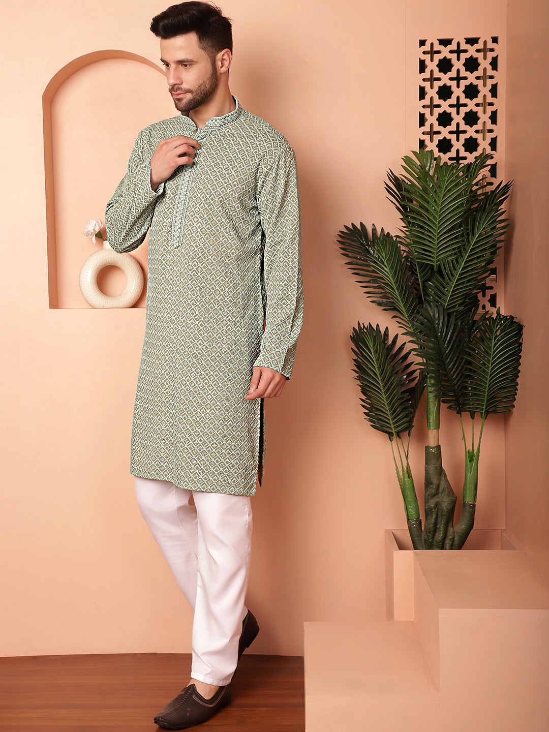 Green Embroidered Mens Kurta Pajama Set | Viscose Rayon