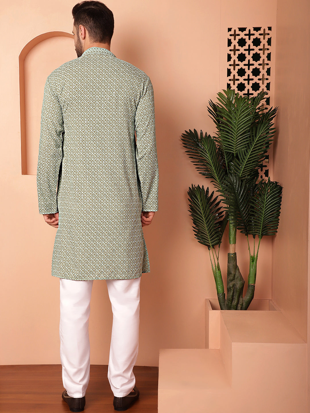 Green Embroidered Mens Kurta Pajama Set | Viscose Rayon