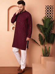 Men's Purple Embroidered and Sequence Kurta with Pyjama-JOKP-P