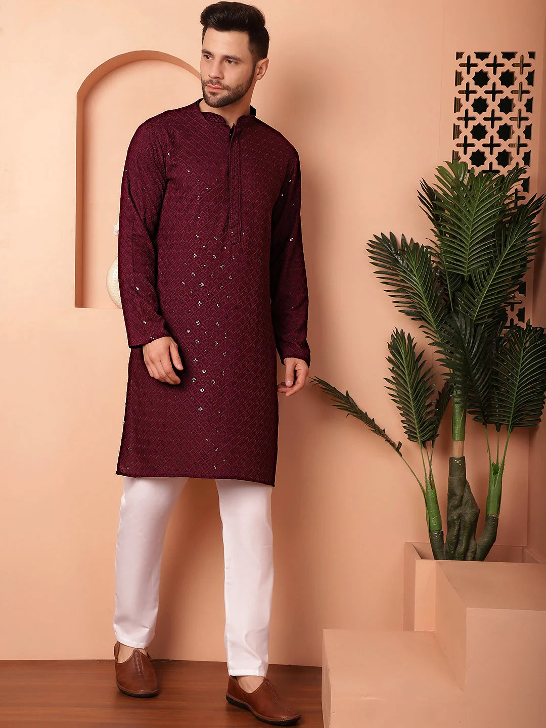 Purple Embroidered Kurta Pajama for Men | Viscose Rayon