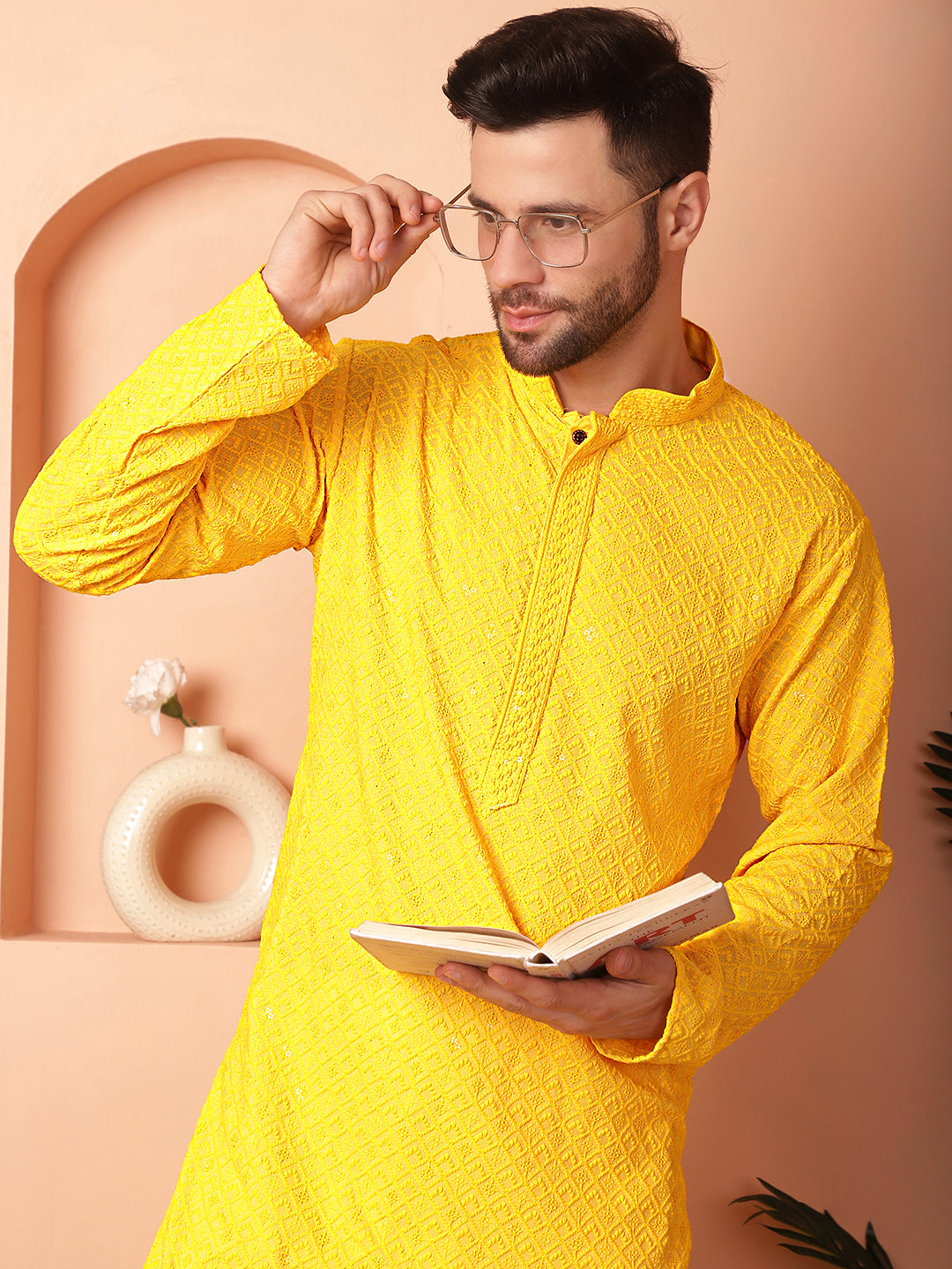 Mens Yellow Embroidered Kurta Pajama Set | Viscose Rayon
