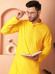Men's Yellow Embroidered and Sequence Kurta with Pyjama-JOKP-P