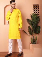 Men's Yellow Embroidered and Sequence Kurta with Pyjama-JOKP-P