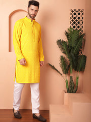 Men's Yellow Embroidered and Sequence Kurta with Pyjama-JOKP-P