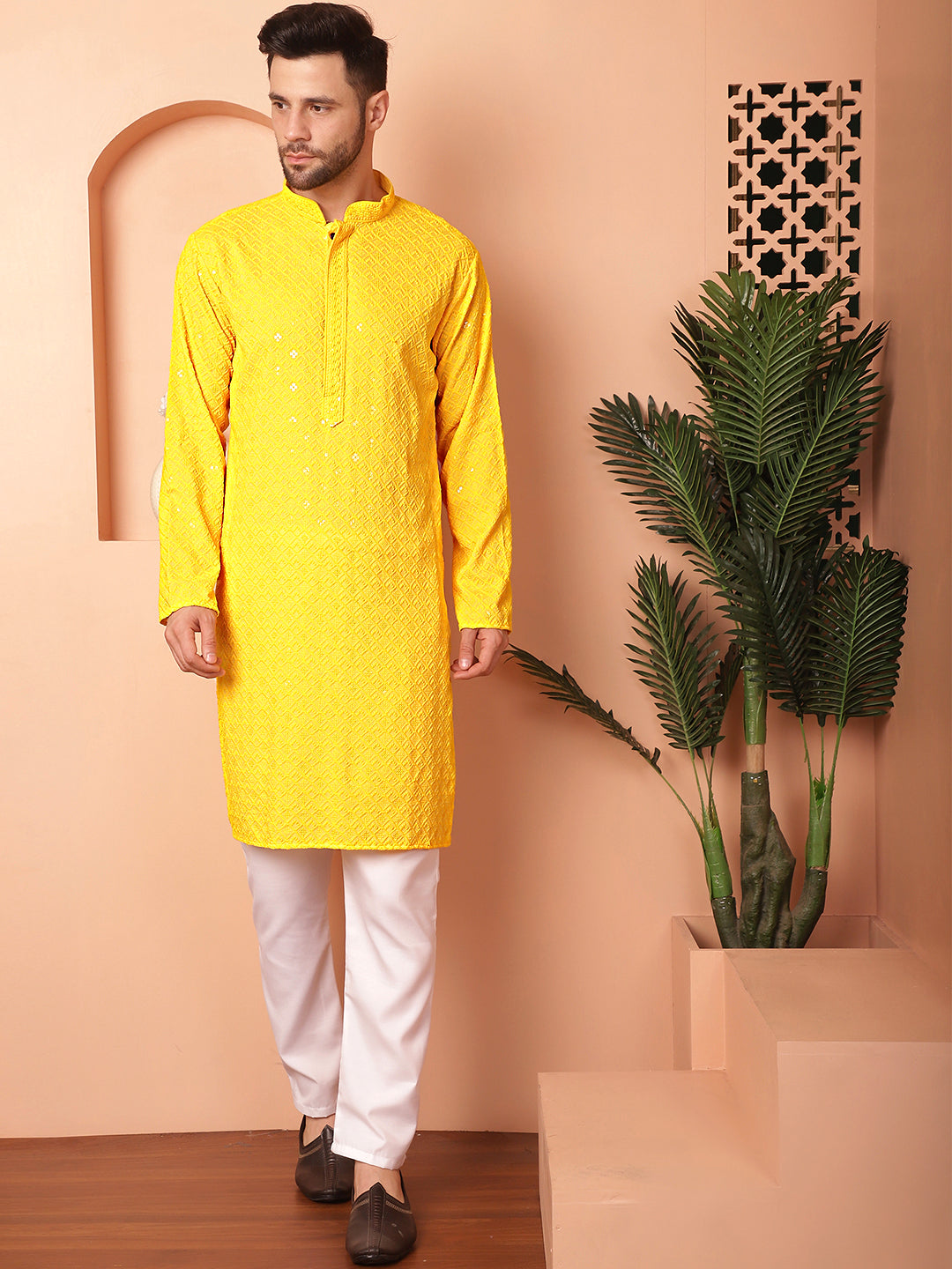 Mens Yellow Embroidered Kurta Pajama Set | Viscose Rayon