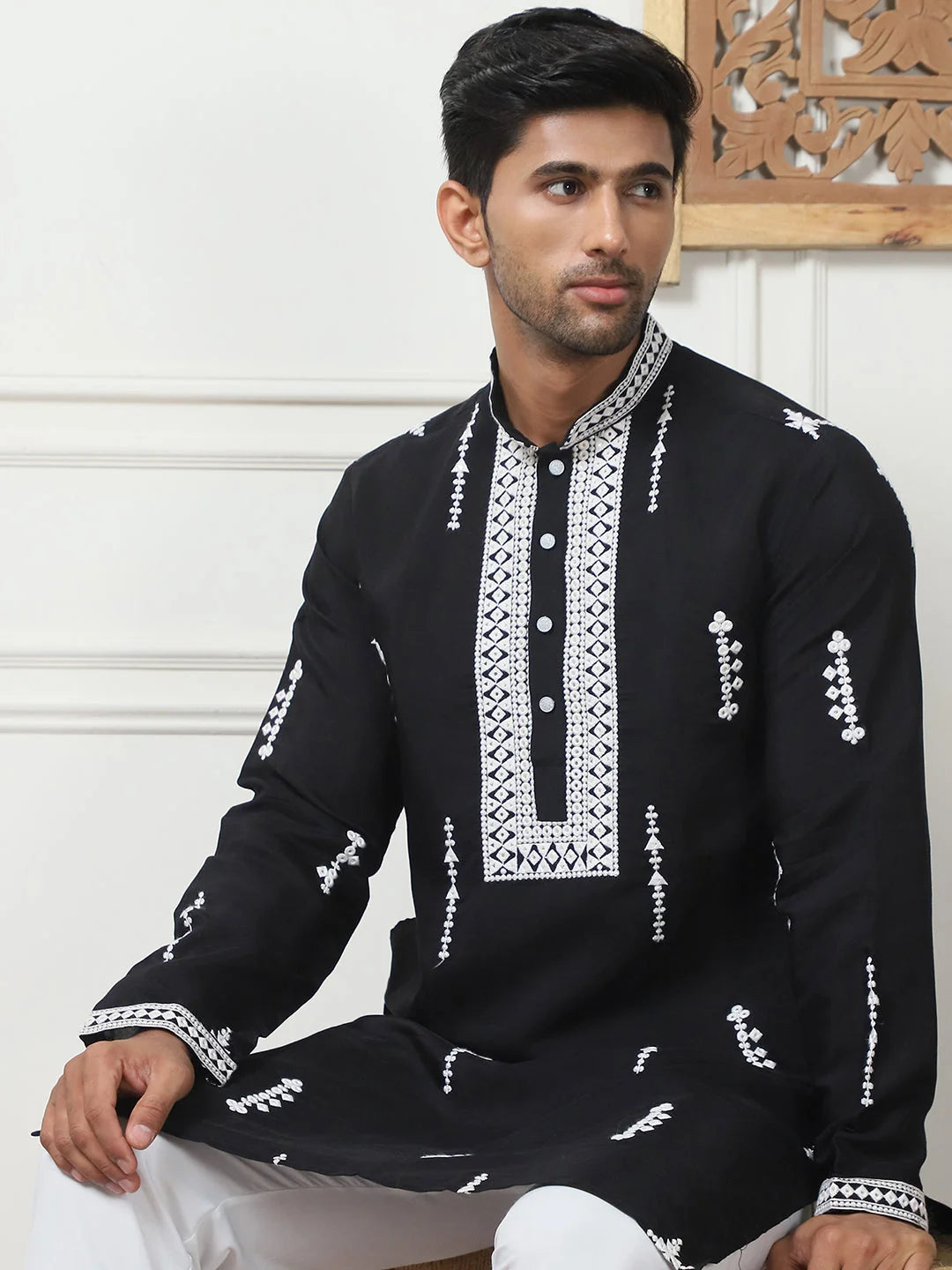 Black Chikankari Mens Kurta Pajama Set | Embroidered Pathani