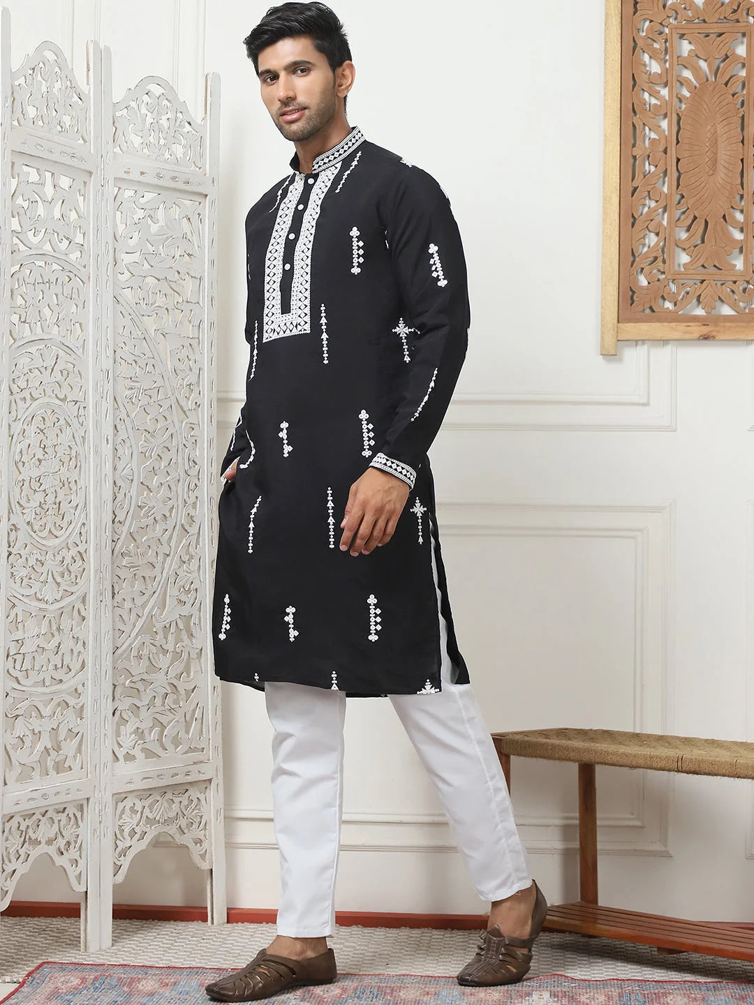 Black Chikankari Mens Kurta Pajama Set | Embroidered Pathani