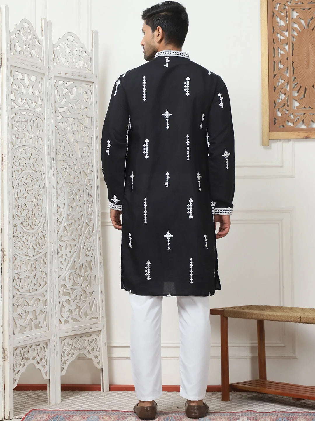 Black Chikankari Mens Kurta Pajama Set | Embroidered Pathani
