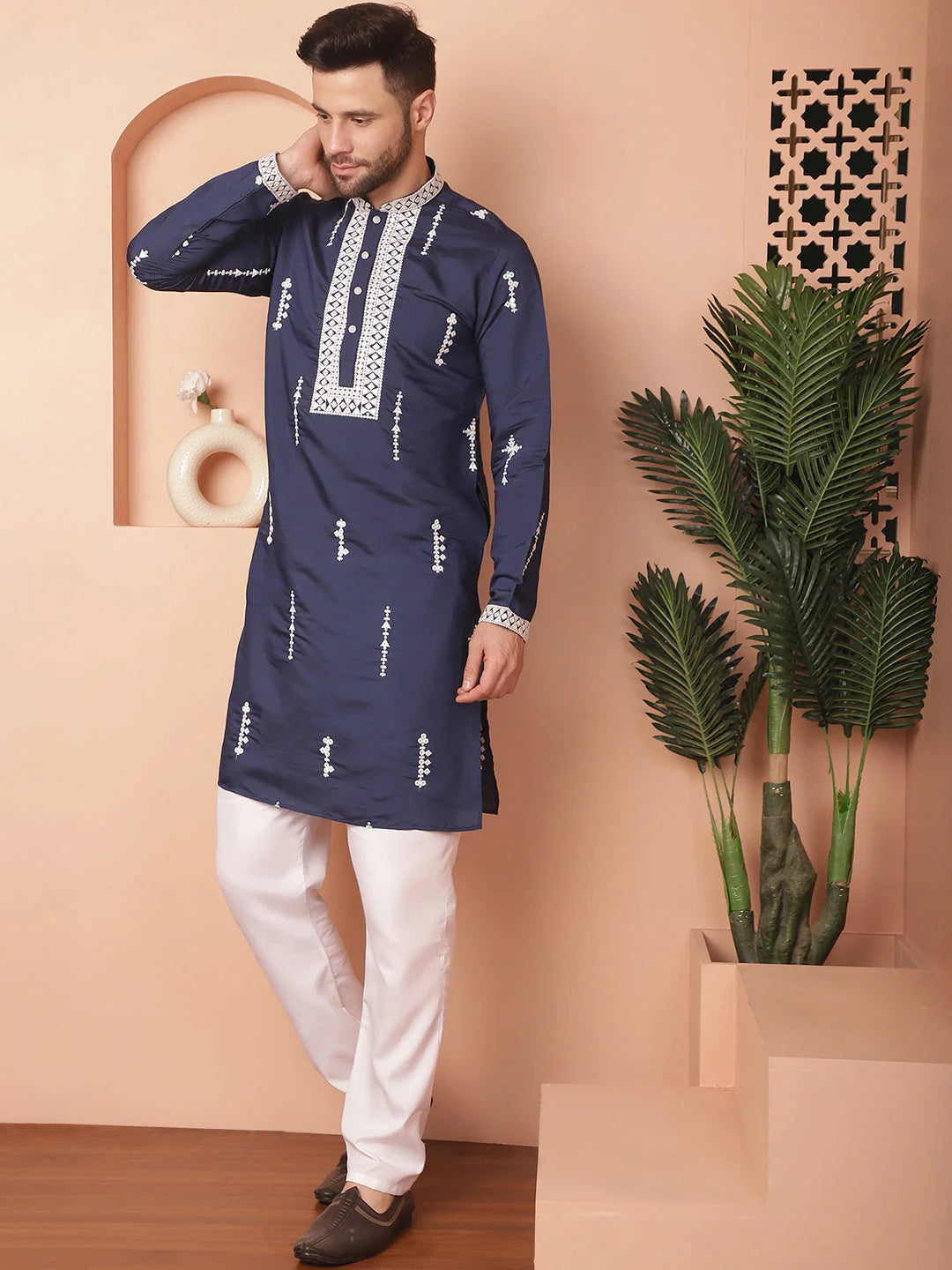 Navy Embroidered Cotton Silk Kurta Pajama Set for Men
