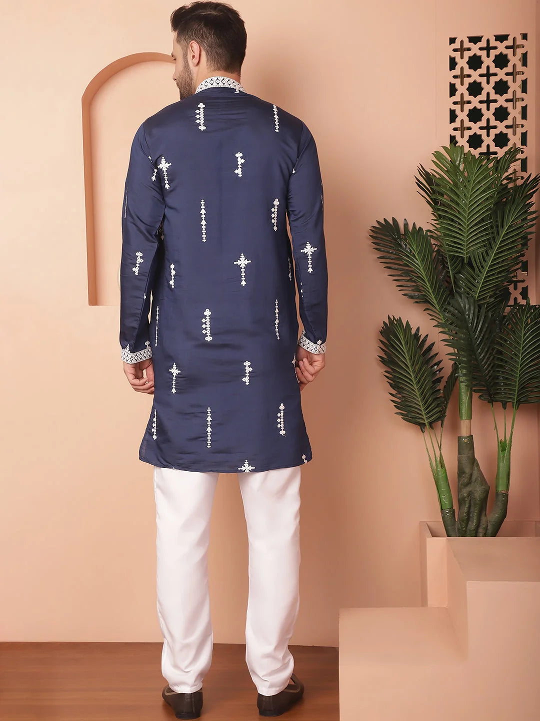 Navy Embroidered Cotton Silk Kurta Pajama Set for Men