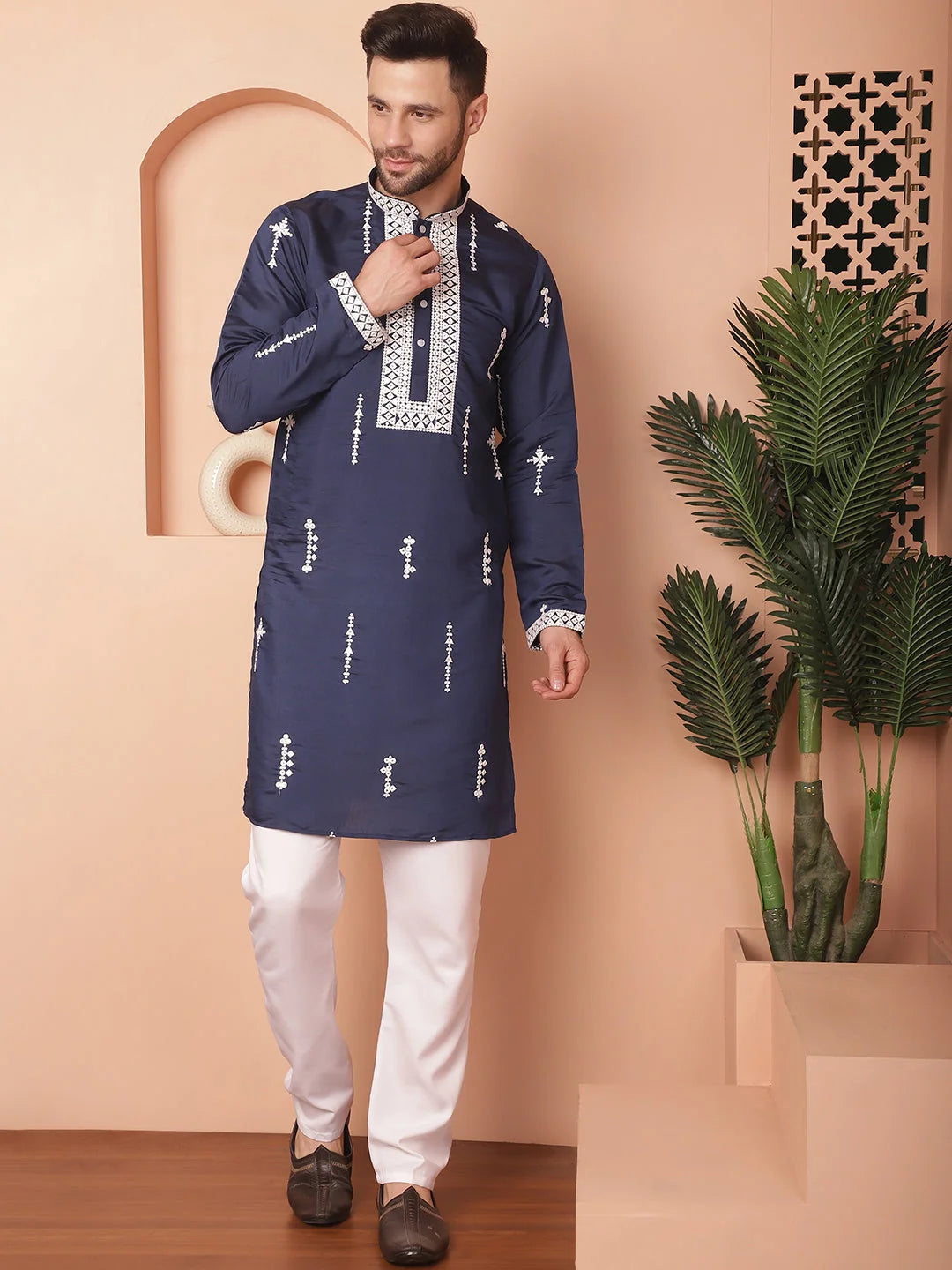 Navy Embroidered Cotton Silk Kurta Pajama Set for Men
