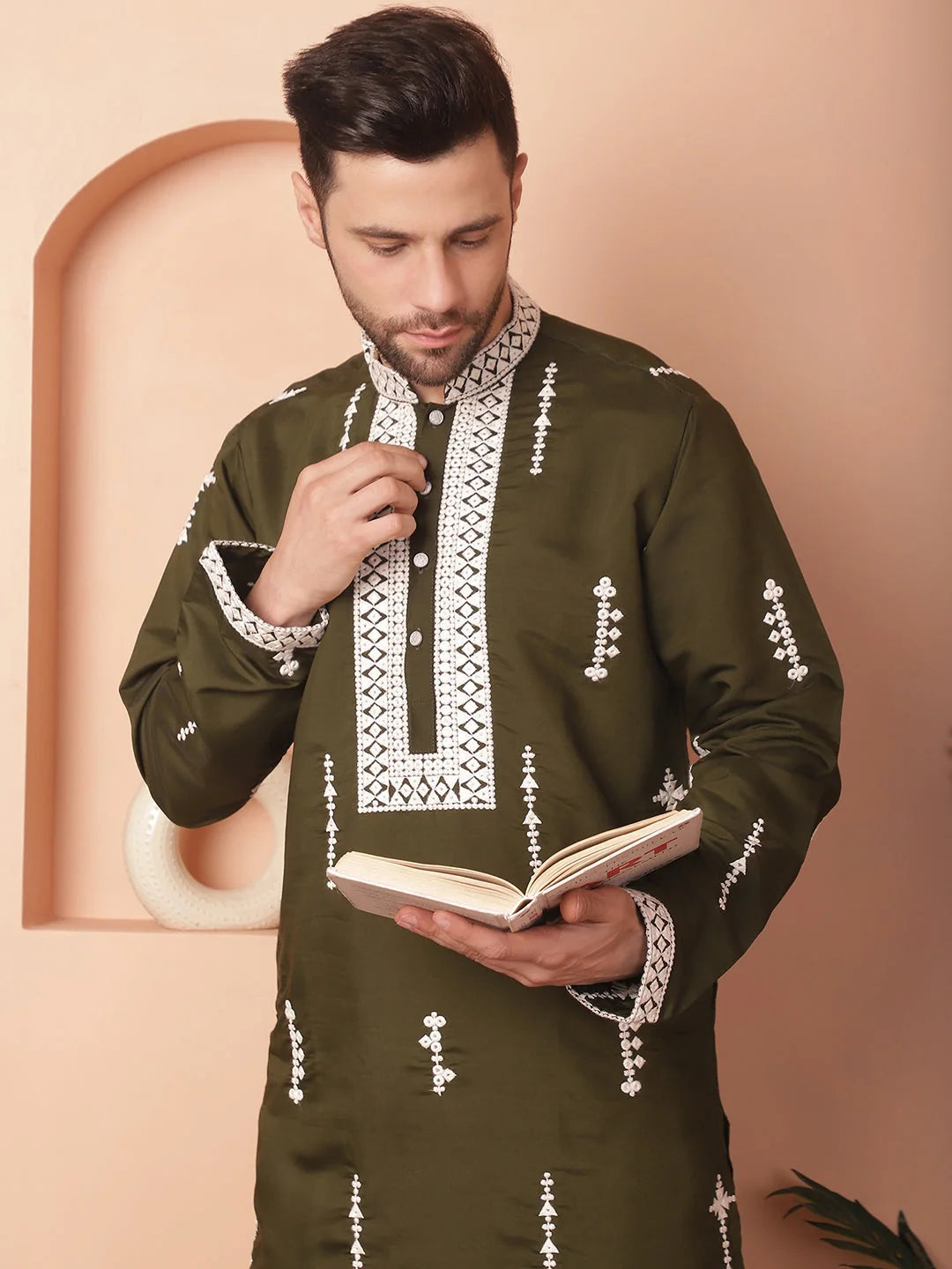 Olive Cotton Silk Mens Kurta Pajama Set | Embroidered Design