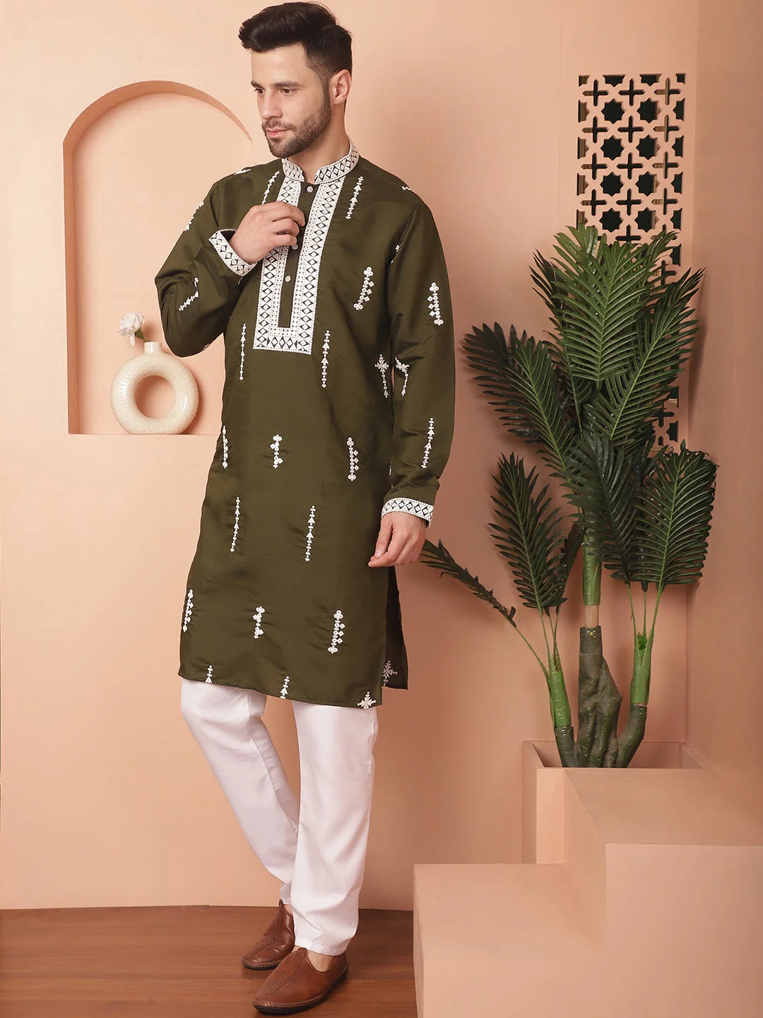 Olive Cotton Silk Mens Kurta Pajama Set | Embroidered Design